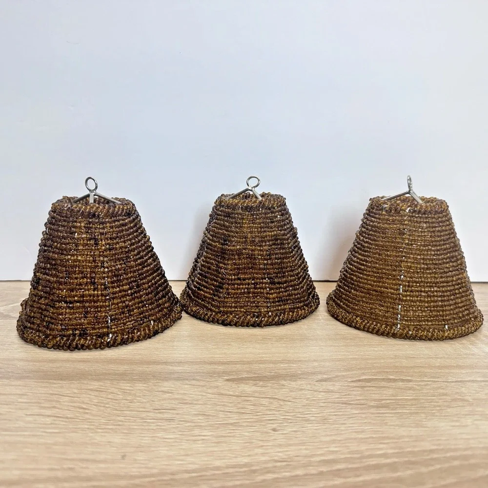 Amber Glass Seed Bead Chandelier Lamp Shades Set of 3 Boho Brown